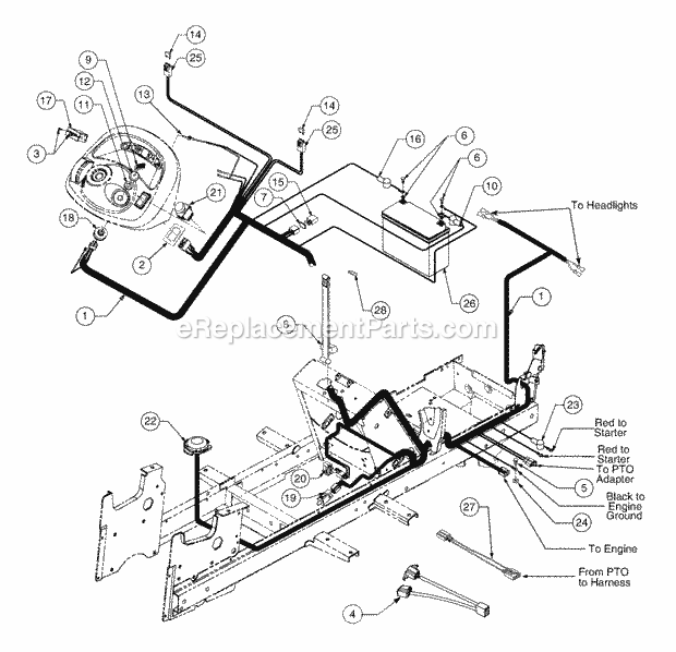 Battery, Electrical Components And Switches Diagram and Parts List for 2166 13A-214G100, 13A-254G100 Cub Cadet Lawn Tractor